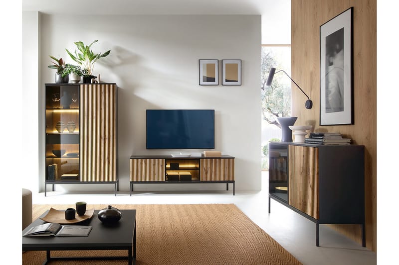 Klinkerville Möbelset Vardagsrum med Belysning TV-bänk vitrin - Svart Trä / Brun / Ribbad / Glas - Products - Förvaring - Förvaringsmöbler - Möbelset för vardagsrum