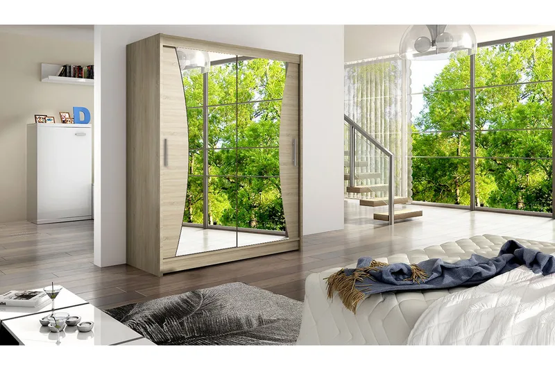 Leila Garderob 150 cm Skjutdörrar Svängd Spegel - Ek/Spegel - Products - Förvaring - Garderober & garderobssystem