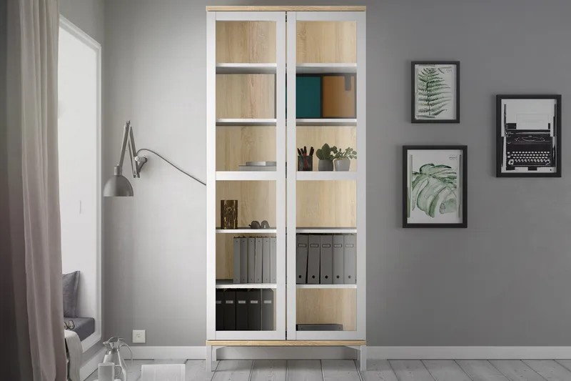 Roomers Vitrinskåp 36 cm djup 89 cm bred 202 hög med 2 Dörrar - Vit/Ek - Products - Förvaring - Skåp - Vitrinskåp