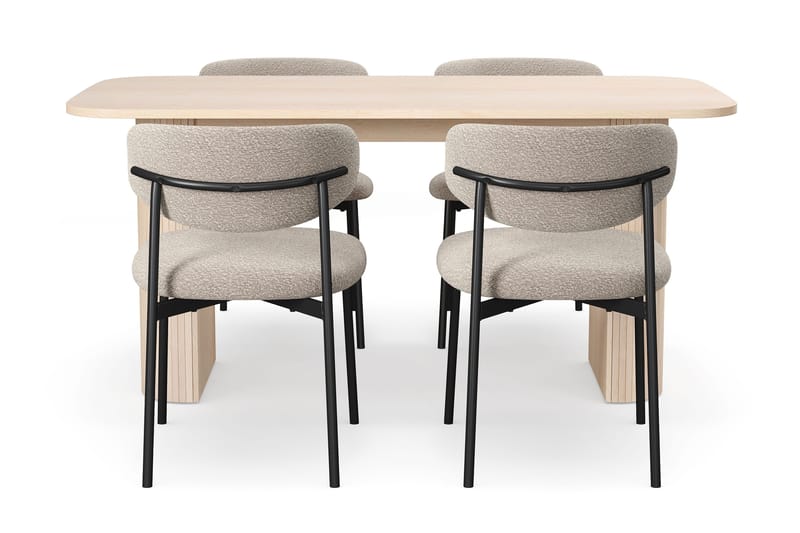 Kopparbo Matbord 160 cm med 4 Lucy Matstolar - White / Greige Bouclé / Metallben Svart - Products - Möbler - Bord & matgrupp - Matgrupp