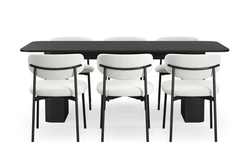 Kopparbo Matbord 200-260 cm Förlängningsbart med 6 Lucy Matstolar - Svart / Vit Bouclé / Metallben Svart - Products - Möbler - Bord & matgrupp - Matgrupp