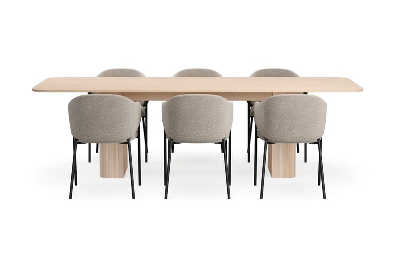 Kopparbo Matbord 200-260 cm Förlängningsbart med illäggsskiv med 6 Filip Matstolar - Vit / Taupe Bouclé - Products - Möbler - Bord & matgrupp - Matgrupp
