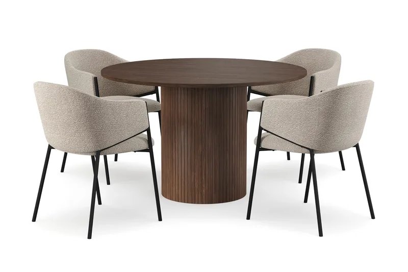 Kopparbo Runt Matbord 120 cm med 4 Filip Matstolar, Mörkbrun / Taupe Bouclé