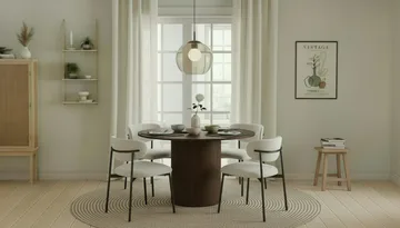 Kopparbo Runt Matbord 120 cm med 4 Lucy Matstolar - Mörkbrun / Vit Bouclé / Metallben Svart - Products - Möbler - Bord & matgrupp - Matgrupp