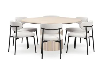 Kopparbo Runt Matbord 150 cm med 6 Lucy Matstolar - Vit / Vit Bouclé / Metallben Svart - Products - Möbler - Bord & matgrupp - Matgrupp
