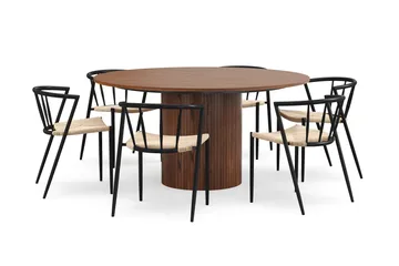 Kopparbo Runt Matbord 150 cm med 6 Winston Matstolar - Valnöt / Beige / Metallben Svart - Products - Möbler - Bord & matgrupp - Matgrupp