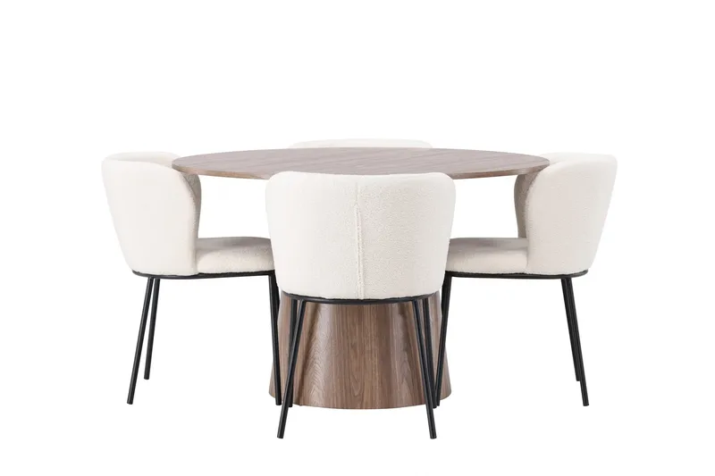Lanzo Rund Matgrupp i Trä 120 cm med 4 Edina Stolar, Natur / Beige / Vit