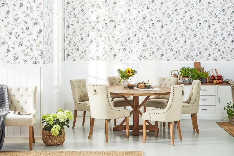 Lyon Matgrupp Ø150 cm Rund med 6 st Viktoria Stolar - Vintage Alm/Beige - Products - Möbler - Bord & matgrupp - Matgrupp