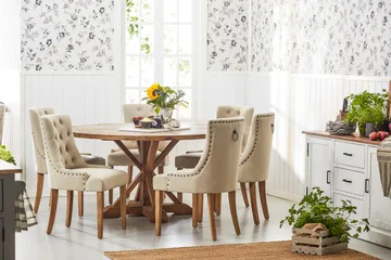 Lyon Matgrupp Ø150 cm Rund med 6 st Viktoria Stolar - Vintage Alm/Beige - Products - Möbler - Bord & matgrupp - Matgrupp