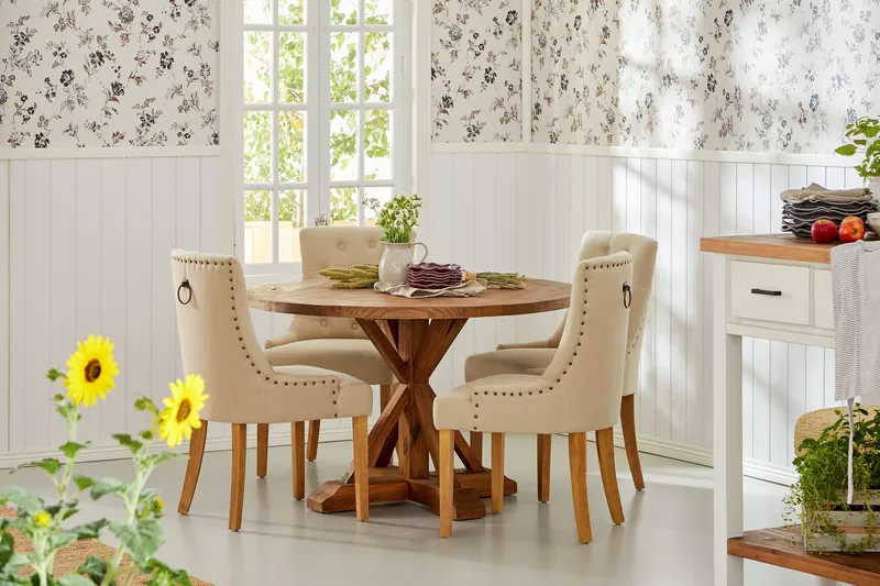 Lyon Matgrupp Rund med 4 st Viktoria Fåtölj - Trä / Beige - Products - Möbler - Bord & matgrupp - Matgrupp