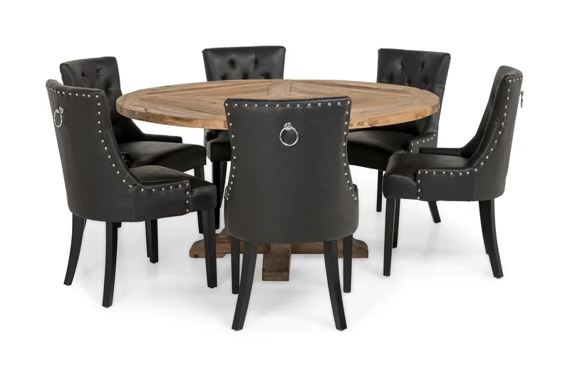 Lyon Rund Matgrupp 150 cm med 6 Tuva Stolar - Brun Vintage Alm / Svart Pu - Products - Möbler - Bord & matgrupp - Matgrupp