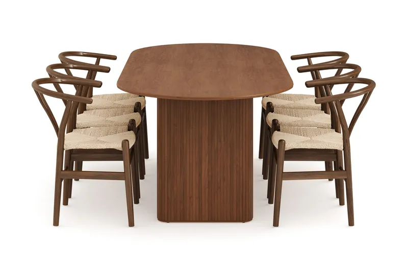 Noira Matgrupp 220 cm Massiv Valnöt med 6 Dastoori Matstolar - Ribbad / Natur / Mörkbrun / Brunt Trä - Products - Möbler - Bord & matgrupp - Matgrupp