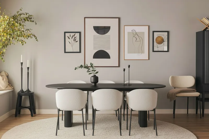 Noira Ovalt Matbord 220 cm med 6 Filip Matstolar - Svart / Vit Bouclé - Products - Möbler - Bord & matgrupp - Matgrupp