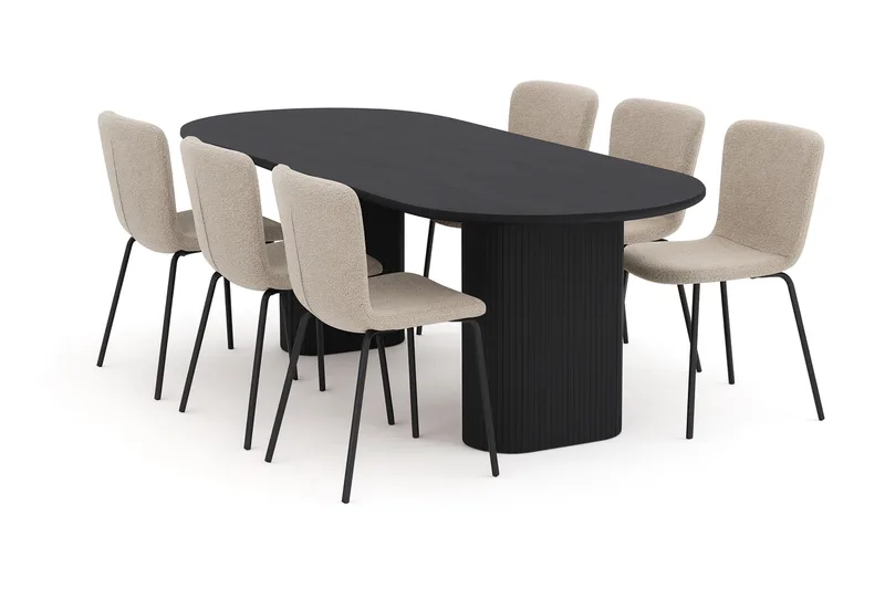 Noira Ovalt Matbord 220 cm med 6 Katy Matstolar, Svart / Greige Bouclé / Metallben Svart