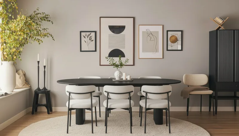 Noira Ovalt Matbord 220 cm med 6 Lucy Matstolar - Svart / Vit Bouclé / Metallben Svart - Products - Möbler - Bord & matgrupp - Matgrupp