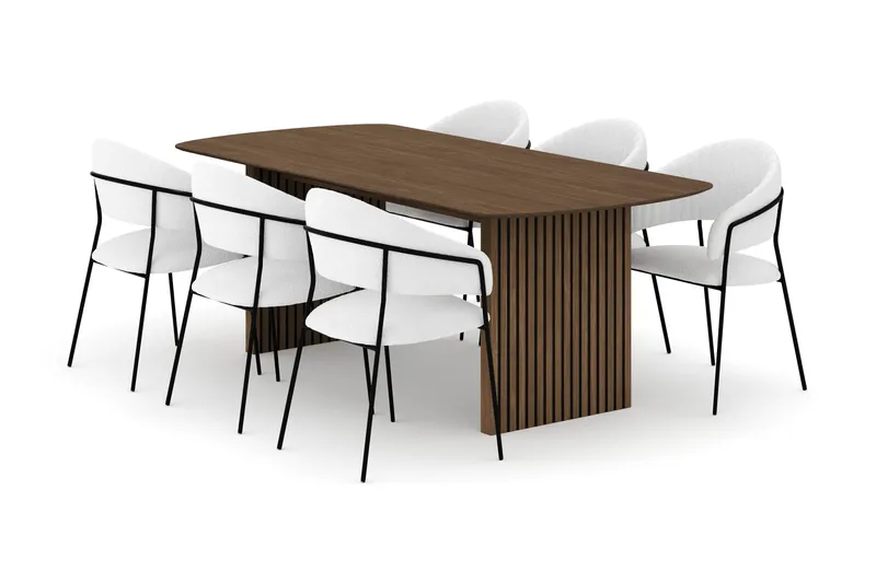 Richeto Matbord 210 cm med 6 Karol Matstolar, Rökt ek / Vit Bouclé