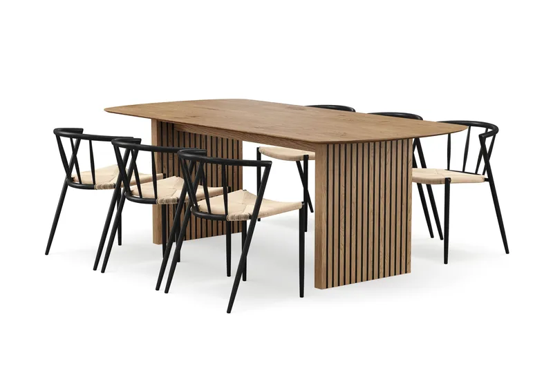 Richeto Matbord 210 cm med 6 Winston Matstolar, Naturlig finish / Beige / Metallben Svart