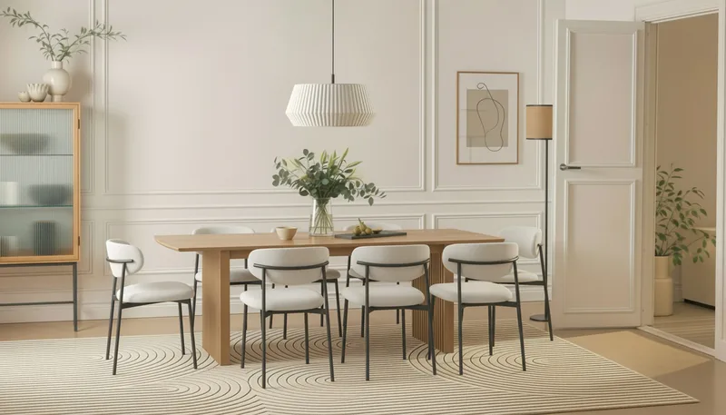 Richeto Matbord 240 cm med 8 Lucy Matstolar - Naturlig finish / Vit Bouclé / Metallben Svart - Products - Möbler - Bord & matgrupp - Matgrupp