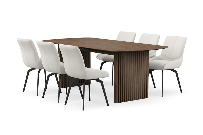 Richeto Matgrupp Rökt Ek 210 cm med 6 Mora Snurrstolar, Rökt ek/Ljusbeige