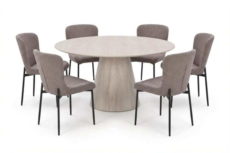 Siena Matgrupp runt 150 cm Vitlaserad med 6 Elsie Matstolar, Vitlaserad/Brun