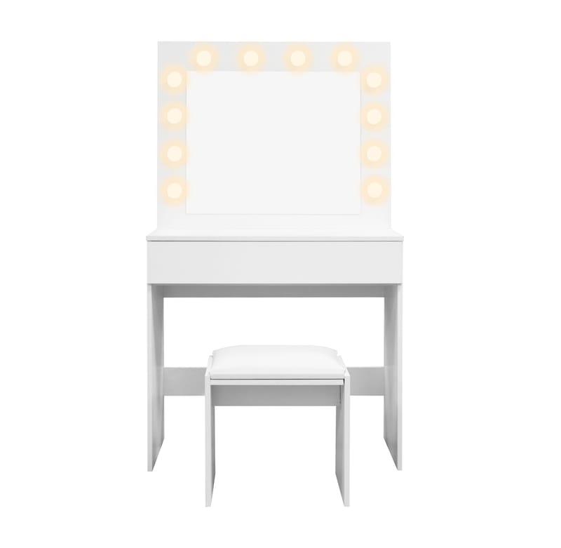 Glow Litet sminkbord 80 cm med spegel lådor och pall -  LED Belysning - Vit - Products - Möbler - Bord & matgrupp - Sminkbord & toalettbord
