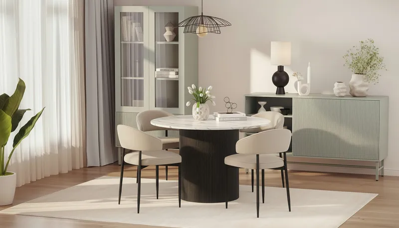 Uppveda Matbord 120 cm Rund med 4 Sawako Stolar - Svart/Vit - Products - Möbler - Bord & matgrupp - Matgrupp