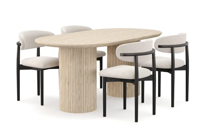 Uppveda Matbord Travetin utseende med 4 st Jaiveer Matstolar, Beige