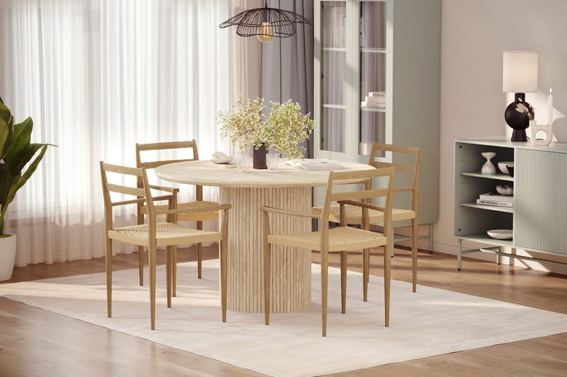 Uppveda Runt Matbord 120cm Travetin utseende med 4 st Jamna Karmstolar - Beige - Products - Möbler - Bord & matgrupp - Matgrupp