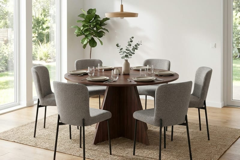 Vera Matgrupp runt 130 cm Valnöt med 6 Elsie Matstolar - Valnöt/Ljusgrå - Products - Möbler - Bord & matgrupp - Matgrupp