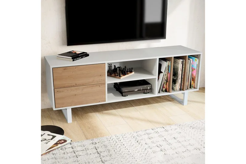 Lowboard Wohnling modernt spånskiva, 2 lådor, förvaringsbrickor, metallben, modern stil Vit, ek - Vit, ek - Products - Möbler - TV- & Mediamöbler - TV bänk & mediabänk