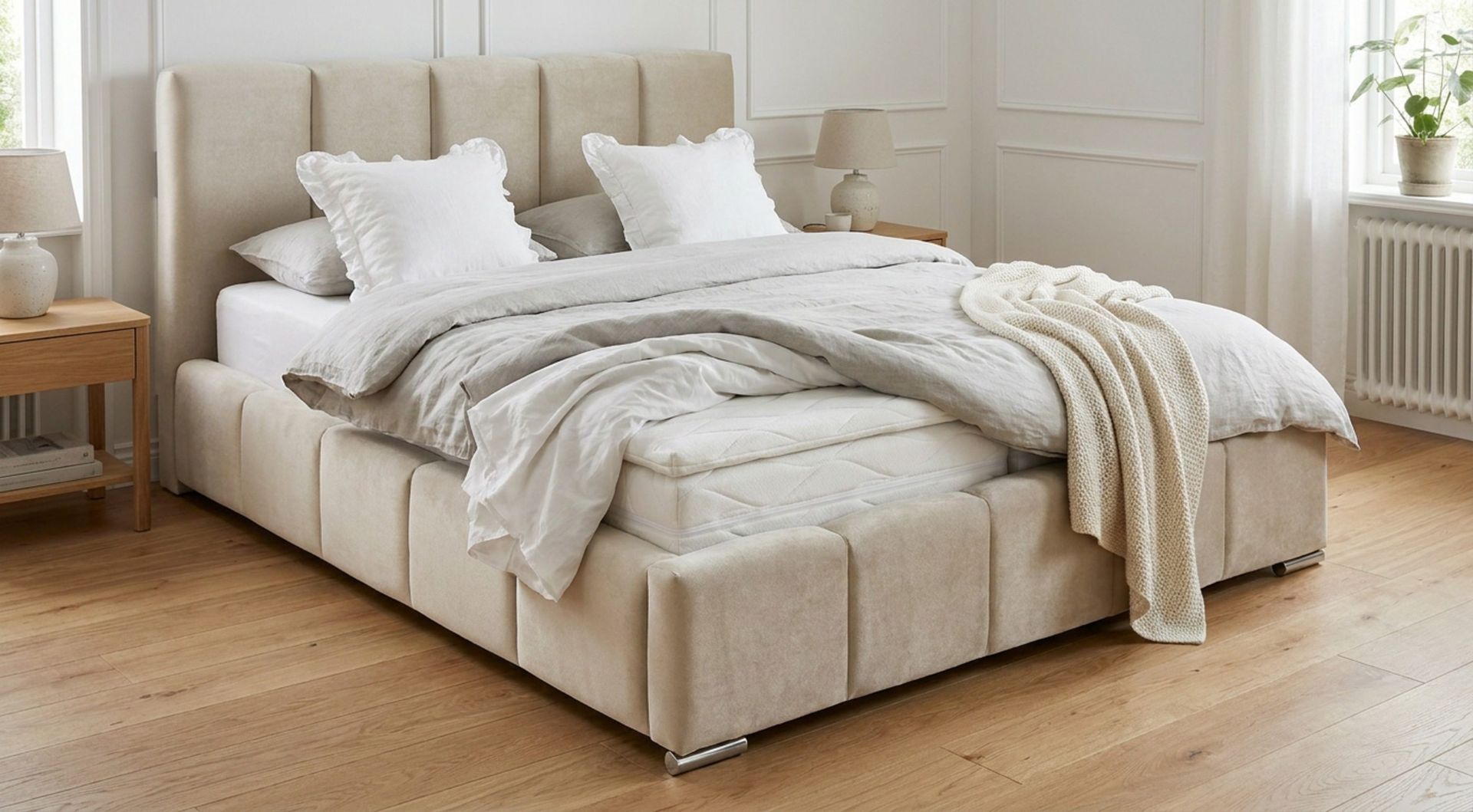 Cleaton Sängram 180x200 cm med Förvaring HVILA Resårmadrass och Bäddmadrass i Polysterskum Vändbar Sommar & Vintersida och Tvättbar klädsel - Grå/Vit - Products - Möbler - Säng - Komplett sängpaket