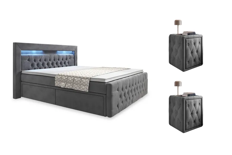 Franco Komplett Sängpaket med förvaring LED-belysning 180x200 cm + 2st Franco Sängbord, Grå|Sammet