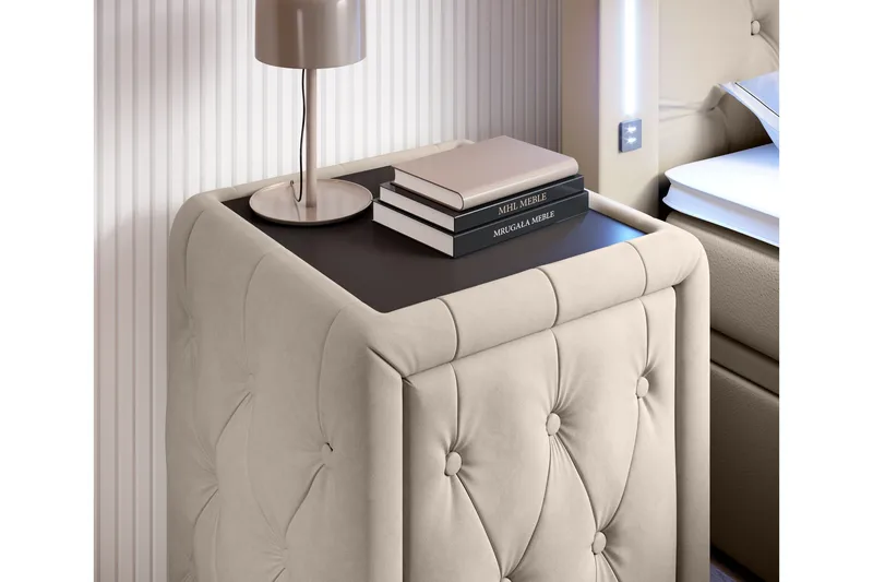 Franco Komplett Sängpaket med förvaring LED-belysning 180x200 cm + 2st Franco Sängbord - Beige / Sammet - Products - Möbler - Säng - Säng med förvaring