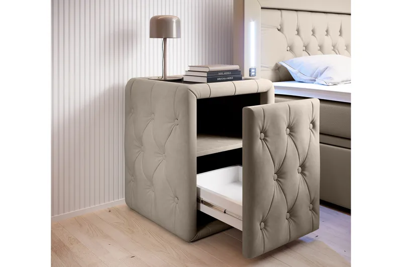 Franco Komplett Sängpaket med förvaring LED-belysning 180x200 cm + 2st Franco Sängbord - Beige / Sammet - Products - Möbler - Säng - Säng med förvaring