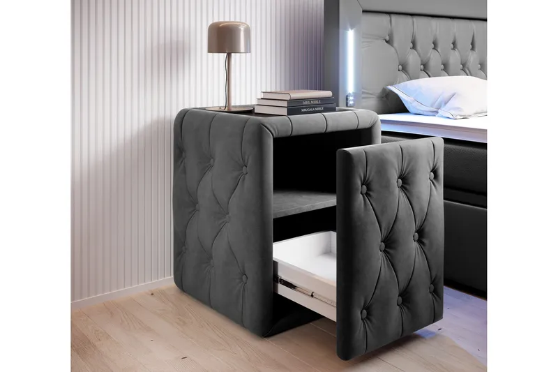 Franco Komplett Sängpaket med förvaring LED-belysning 180x200 cm + 2st Franco Sängbord - Grå|Sammet - Products - Möbler - Säng - Enkelsäng