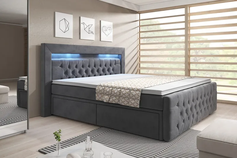 Franco Komplett Sängpaket med förvaring LED-belysning 180x200 cm + 2st Franco Sängbord - Grå|Sammet - Products - Möbler - Säng - Enkelsäng