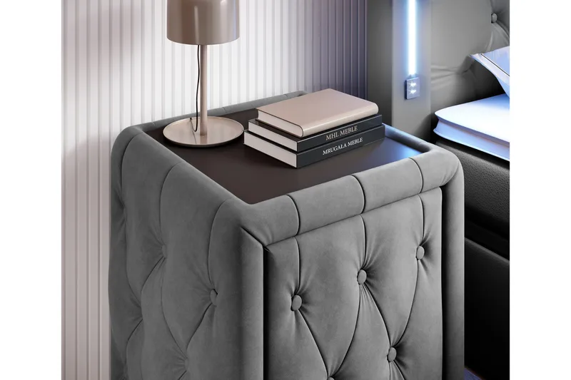 Franco Komplett Sängpaket med förvaring LED-belysning 180x200 cm + 2st Franco Sängbord - Grå|Sammet - Products - Möbler - Säng - Enkelsäng