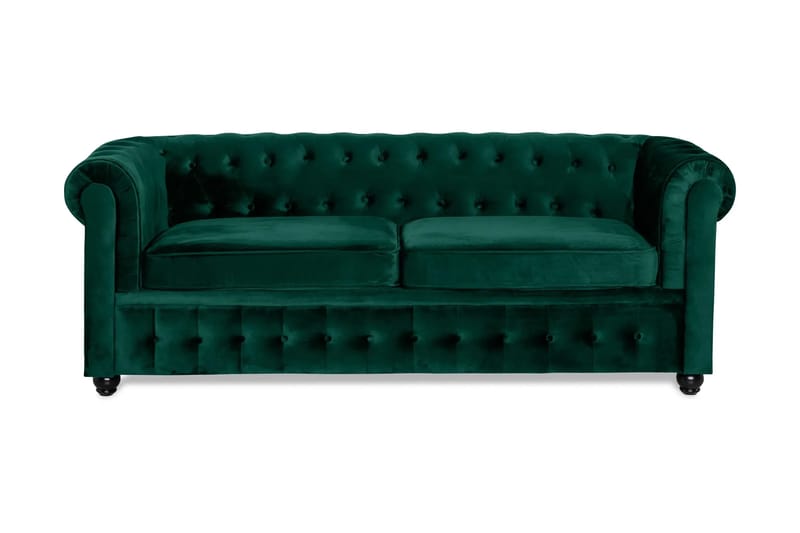 Chesterfield Lyx 3-sits Framåtbäddad Bäddsoffa med HVILA Bäddmadrass 140x200 cm Memoryskum med Tvättbar klädsel, Grön/Vit