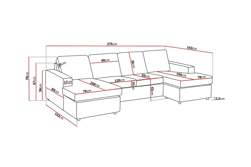 Crazy 4-sits U-formad Soffa med dubbeldivan i Tyg - Antracit - Products - Möbler - Soffa - U-soffa