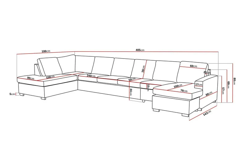 Crazy 6-sits Vänstervänd U-formad XX-Large Soffa med Divan och Schäslong i Tyg - Grå - Products - Möbler - Soffa - U-soffa