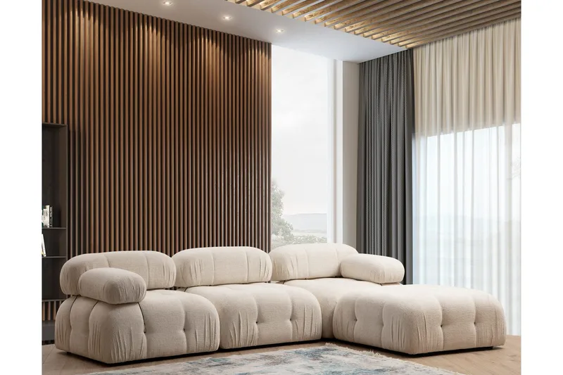 Belgin Bubblig Divansoffa 3-sits 288 cm med fasta armstöd och repdetaljer, Ljus / Beige