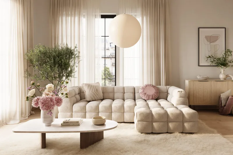 Elise 4-sits Bubblig Soffa med Divan Höger - Beige - Products - Möbler - Soffa - Divansoffa & schäslongsoffa - 4 sits soffa med divan