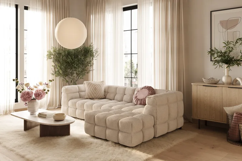 Elise 4-sits Bubblig Soffa med Divan Höger - Beige - Products - Möbler - Soffa - Divansoffa & schäslongsoffa - 4 sits soffa med divan