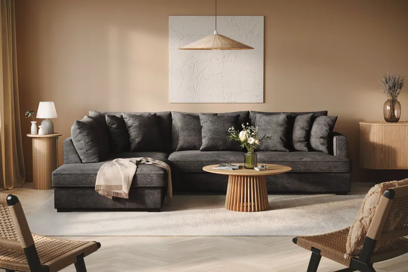 Rossita 4-sits Vänstervänd L-formad Djup Schäslongsoffa i Chenille - Svart - Products - Möbler - Soffa - Divansoffa & schäslongsoffa - 4 sits soffa med divan