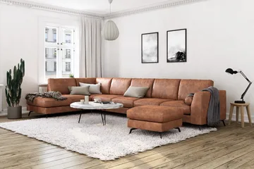 Ocean Lyx 6-sits Vänstervänd U-formad Soffa med Divan och Schäslong + Fotpall i Konstläder - Brun - Products - Möbler - Soffa - Divansoffa & schäslongsoffa