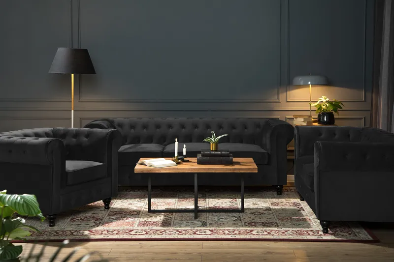 Chesterfield Lyx Modern Soffgrupp 3+2+1 i Sammet - Svart - Products - Möbler - Soffa - Soffgrupp - Chesterfield soffgrupp
