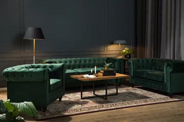 Chesterfield Lyx Soffgrupp 2-sits+Fåtölj Sammet - Mörkgrön - Products - Möbler - Soffa - Soffgrupp - Chesterfield soffgrupp