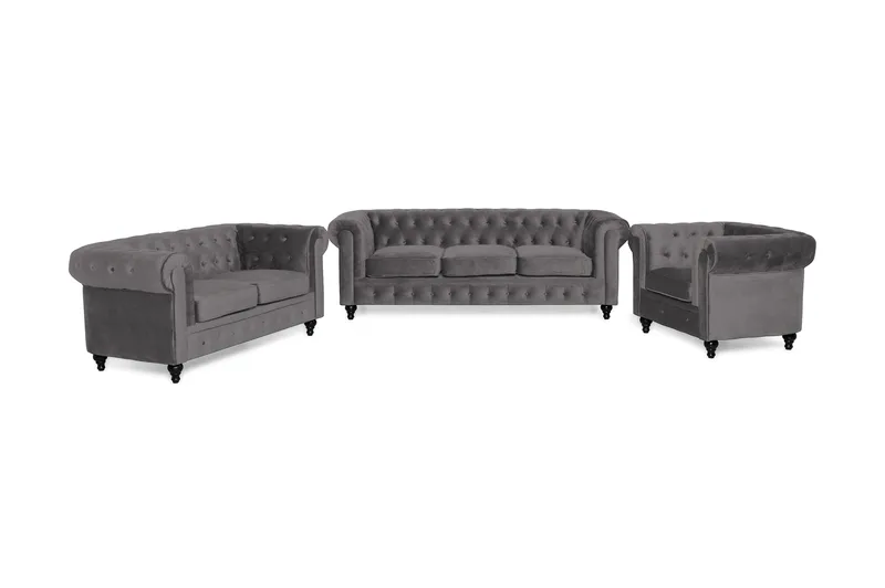 Chesterfield Lyx Soffgrupp 3+2+1 i Sammet, Mörkgrå / Grå
