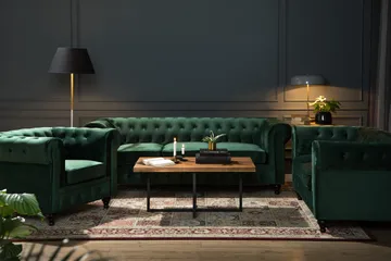 Chesterfield Lyx Soffgrupp 3+2+1 i Sammet - Mörkgrön / Grön - Products - Möbler - Soffa - Soffgrupp - Chesterfield soffgrupp