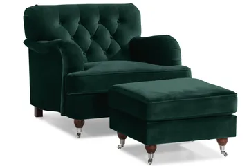 Howard Riviera Soffgrupp Svängd 3-sits + 2-sits Soffa + Fåtölj + Fotpall i Sammet - Grön - Products - Möbler - Soffa - Soffgrupp - Howard soffgrupp